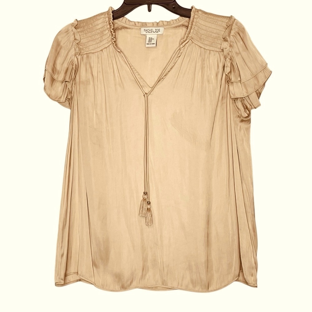 Rachel Zoe Blouse Womens M Tan Ruffle Pleated Tassel Boho Neutral Flowy Career